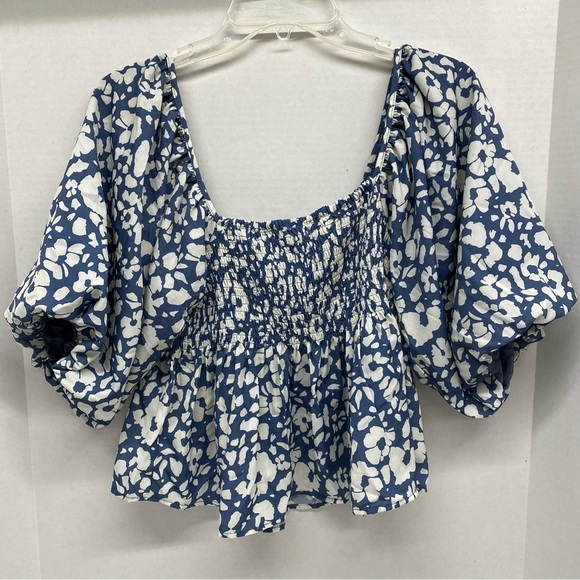 By Together Size S Blue & Cream Top Square Neck Gathered Bust Billowing Sleeves - Picture 11 of 12